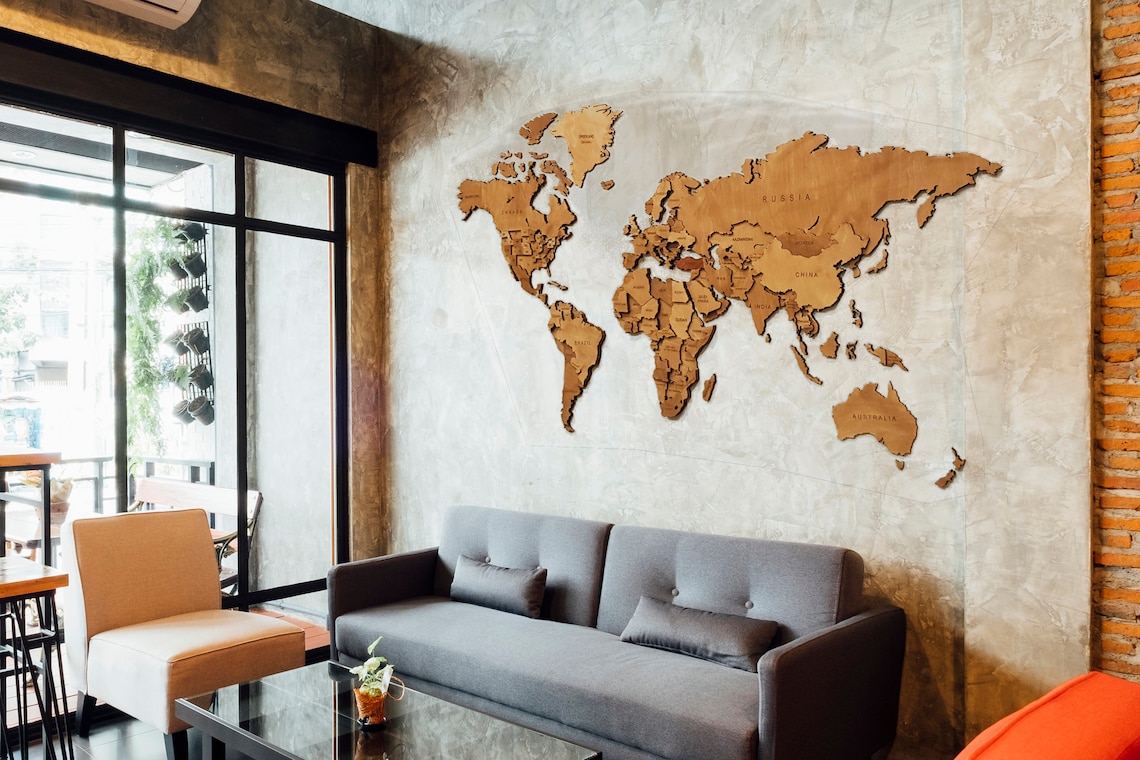 Mappa Del Mondo 3D In Legno Da Parete - Decorazione Artistica, 100x57 Cm - Foto 4