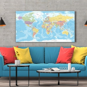 Leinwand Weltkarte, Detaillierte Weltkarte Leinwand, Bunte Weltkarte, Blaue Weltkarte, Leinwand KunstKarte