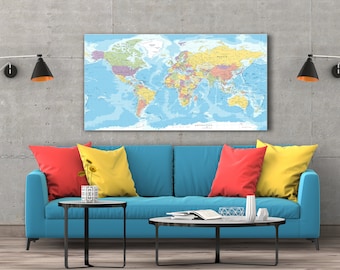 Canvas Wereldkaart, Gedetailleerde Wereldkaart Canvas, Kleurrijke Wereldkaart, Blauwe Wereldkaart, Canvas kunstkaart aan de muur