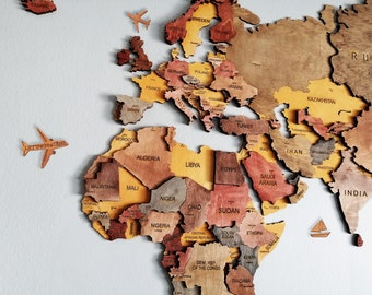 Art mural carte du monde en bois, décoration murale carte du monde en bois coloré 3D, carte du monde en bois faite main, décoration de chambre d'enfant