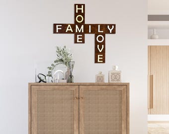Scrabble Tile Wall Art: HOME FAMILY LOVE - Wood Letter Decor