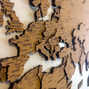 Carte du monde 3D en liège, tableau à épingles de voyage, carte à épingles, art mural, carte du monde, tableau mémoire, carte du monde décoration maison et bureau