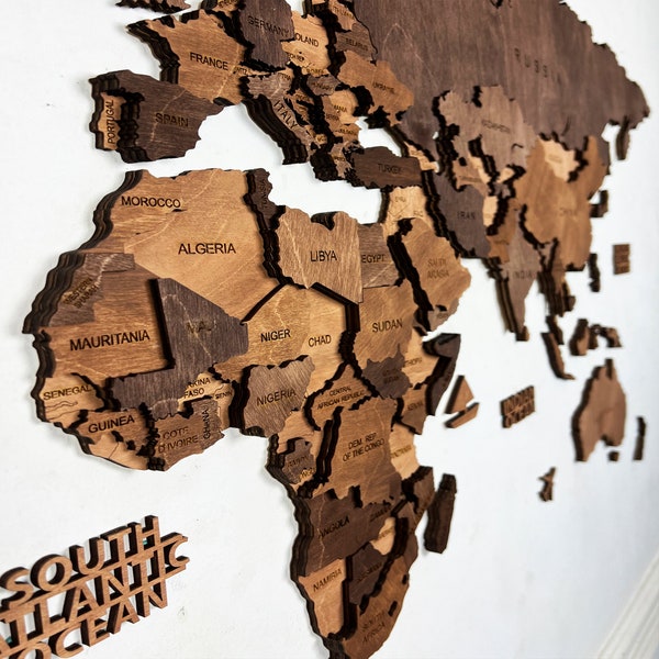 Mapa mundial de madera en 3D, regalo del quinto aniversario para parejas, mapa de madera de la decoración de la pared de viajes mundiales, regalo de viajero mundial, mapa mundial de oficina