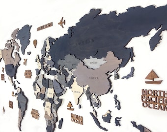 Carte du monde en bois 3D, décoration d'intérieur, art mural carte du monde, carte du monde grise, cadeau pour un anniversaire, cadeau de pendaison de crémaillère, cadeau pour petit ami, carte murale
