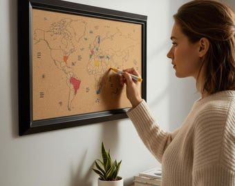 Paintable Cork World Map with Pins, 50x35 cm, Minimal Push Pin Travel Map, Black Frame, Ready to Hang, Gift for Travelers