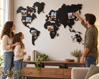 Metal World Map Wall Art, Black Metal and Wood world map, Magnetic World Map, Travel Photo & Souvenir Display, gift for travellers