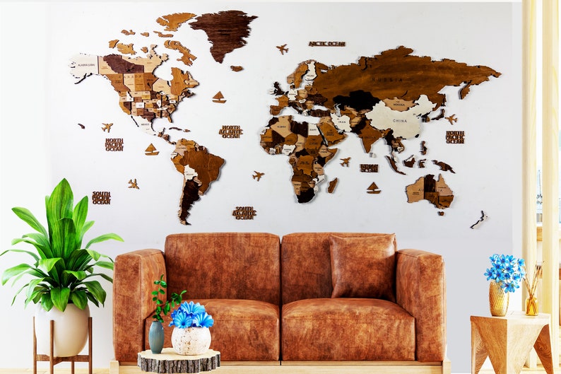 Wooden World Map, Wall Art Decor, 3D Wooden World Map, World Map for pins, Brown Color Wood Map, Housewarming Gift, Office decor, handcraft