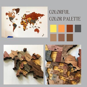 May include: A wooden world map puzzle with different colored pieces representing countries. The map is assembled on a white wall. A color palette with shades of brown, orange, and gray is shown below the map.