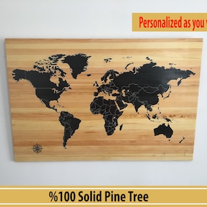 Carte du monde en bois - Pin - Personnalisation disponible