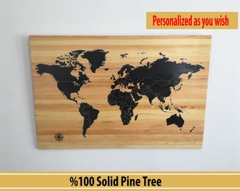 Wooden World Map - Pine Tree - Available Personalization