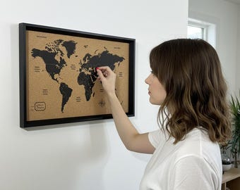 Framed Cork World Map with Pins, 47x30 cm Minimal Push Pin Travel Map, Black Frame, Customizable Title, Ready to Hang, Gift for Travelers