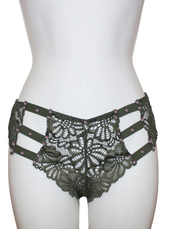 Olive Green Floral Lace Strappy Cheeky Panty With AB Crystals Detail FREE  SHIPPING 