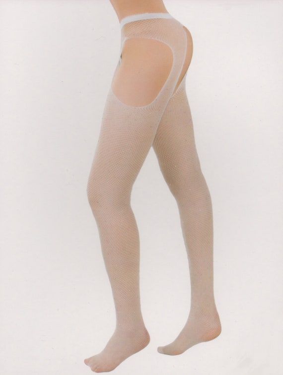 White Fishnet Crotchless Pantyhose With Rhinestones and Suspender One Size  -  Canada