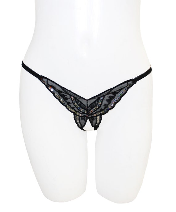 Black Embroidered Butterfly With Sequins Crotchless G String Panty