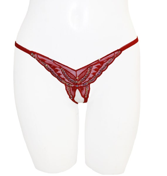 Red Embroidered Butterfly With Sequins and Crystals Crotchless G
