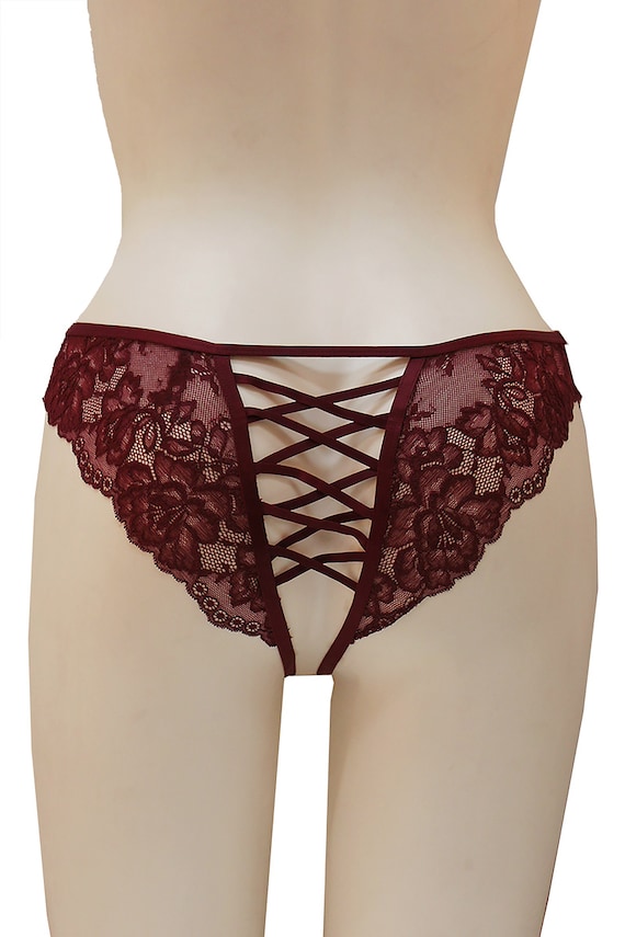 Burgundy Floral Lace Strappy Back Crotchless Panty -  Canada