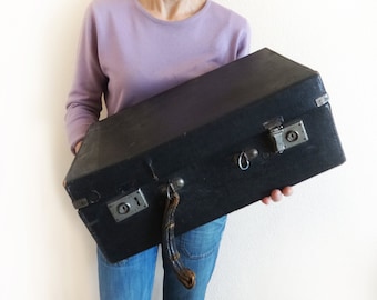 Antique suitcase Old black leatherette luggage steamer trunk Worn Suitcase without handle Collectible Retro valise Display movie show props