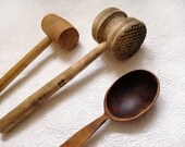 Primitive wood kitchen utensils set of 3 appliances Vintage finds Two old mallets spoon Meat steak hammers tenderizers Rustic decor VTG