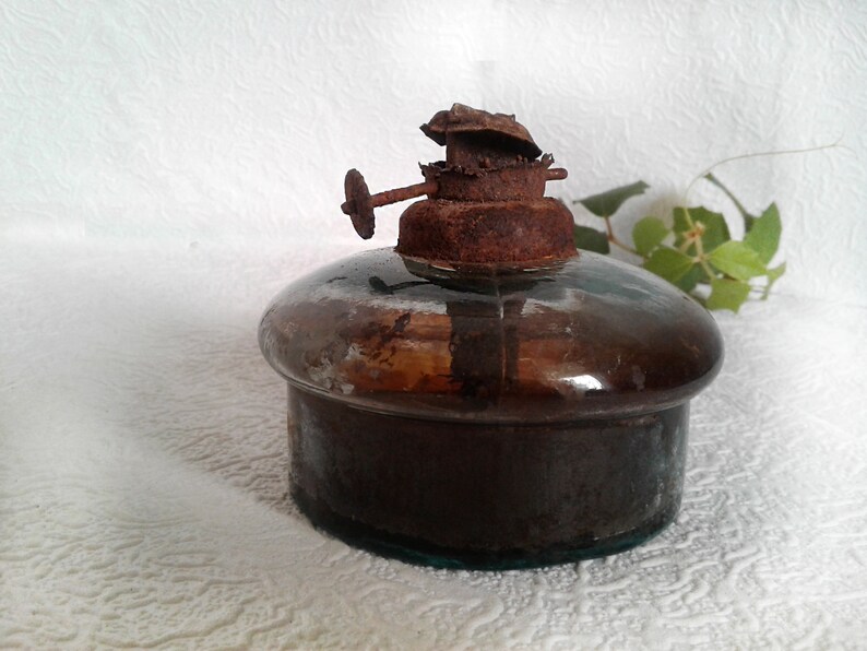 Antique Kerosene Lamp Part Glass Bottle Decor Sooty Rusty Etsy