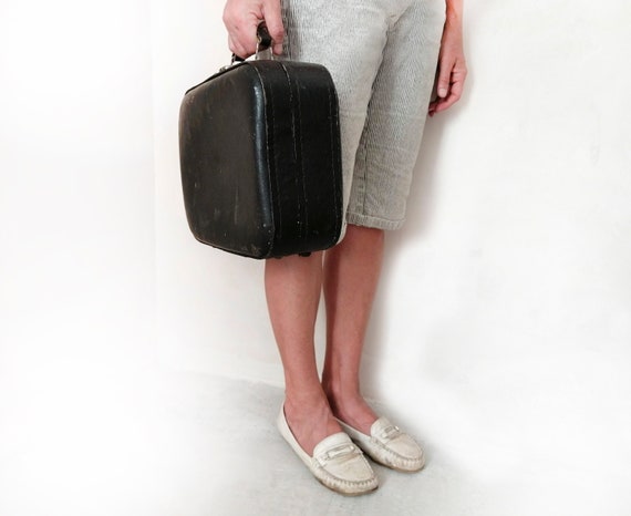 Small antique suitcase Old black leatherette bag … - image 1