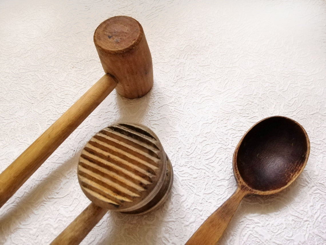 Vintage wood kitchen utensils set of 3 appliances Primitive Etsy