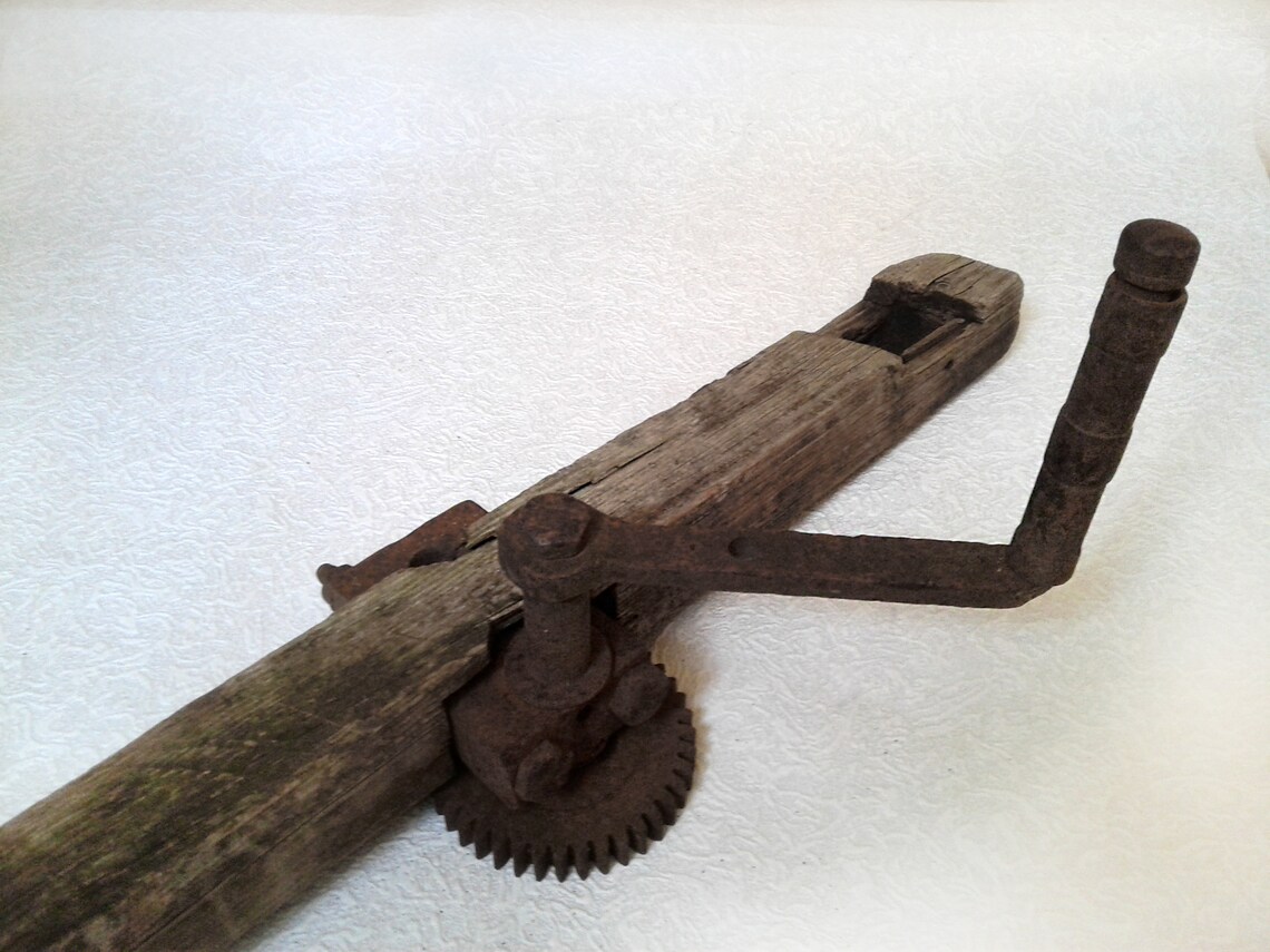 Antique Rusty metal Hand crank Old wood Craft art supply Etsy