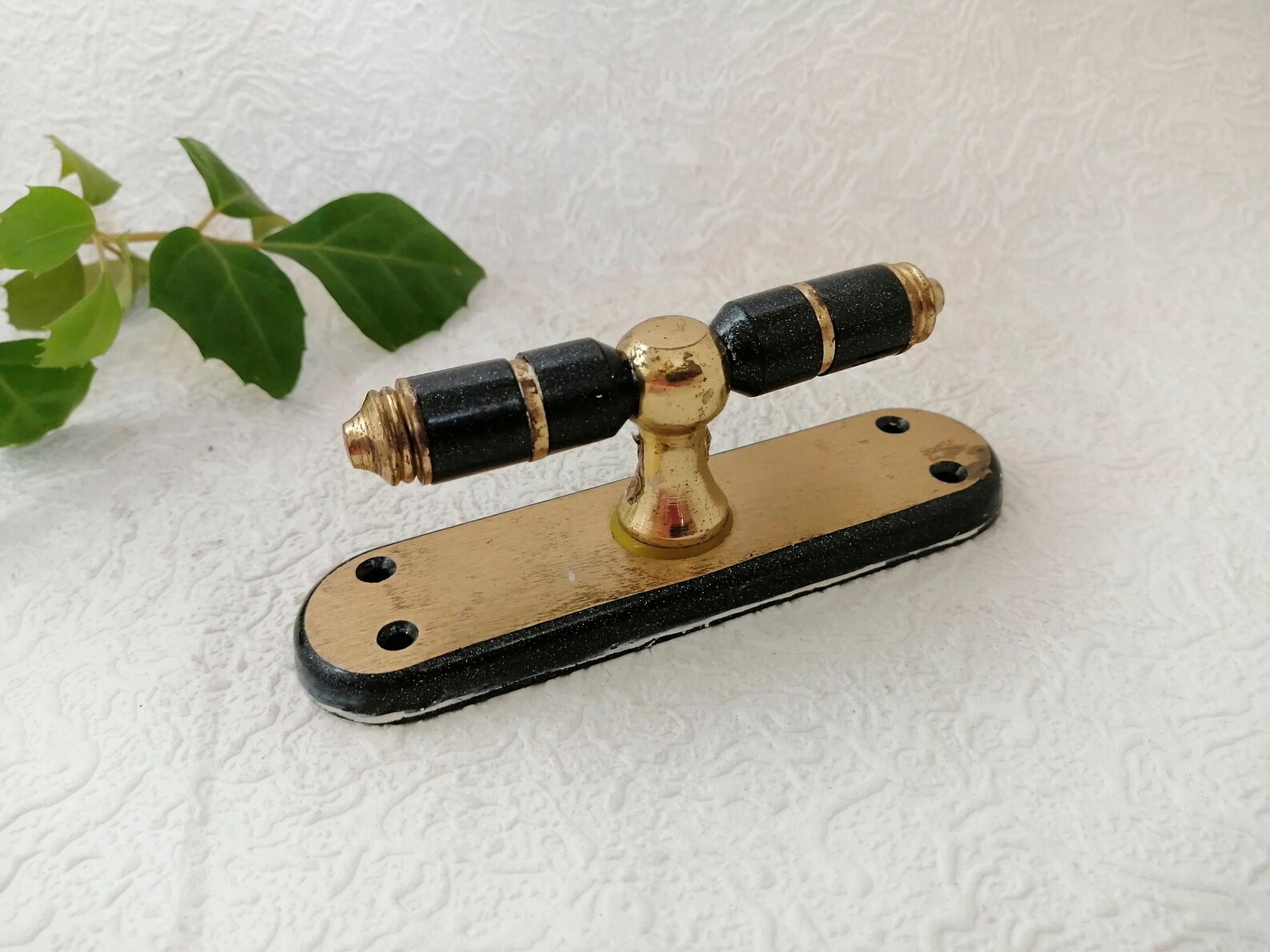 Vintage door handle with plate Golden metal Black enamel Dummy Etsy