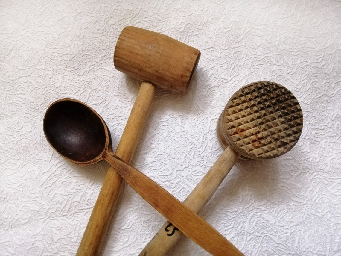 Vintage wood kitchen utensils set of 3 appliances Primitive Etsy
