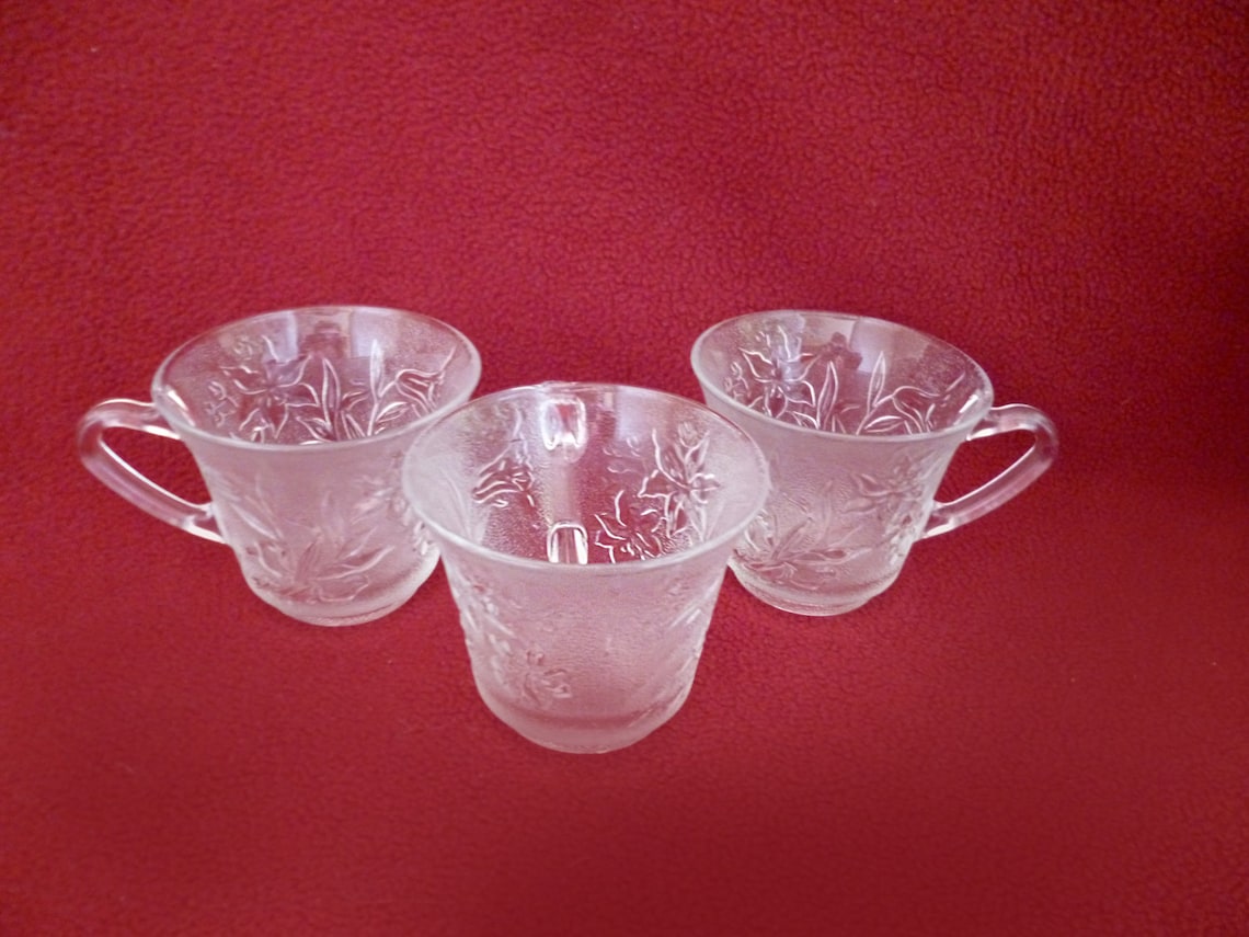 Clear glass cups set 3 Vintage Small Tea coffee Flowers teacup Etsy