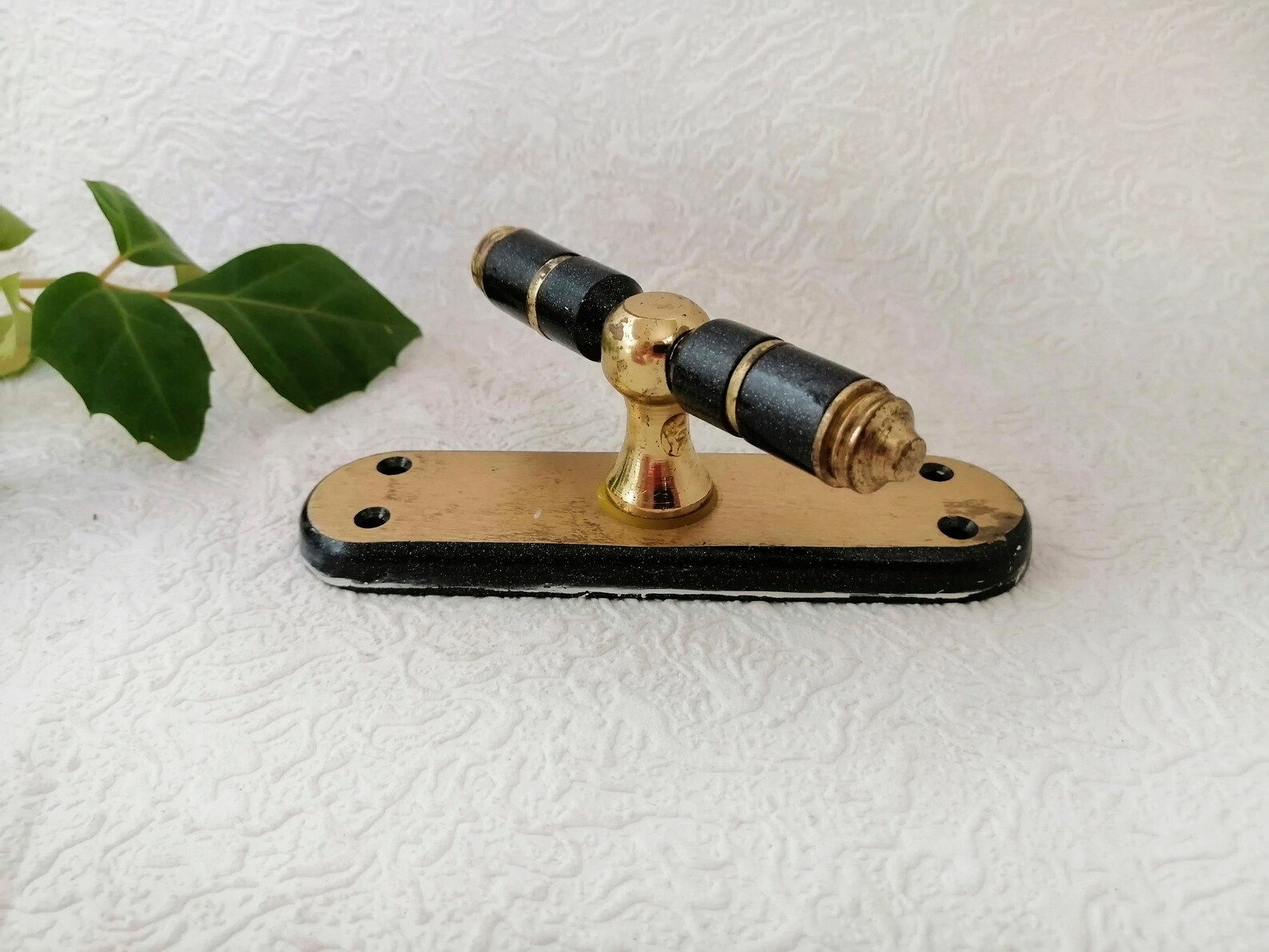 Vintage door handle with plate Golden metal Black enamel Dummy Etsy