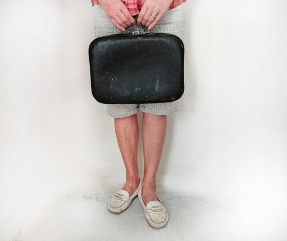 Small antique suitcase Old black leatherette bag … - image 2