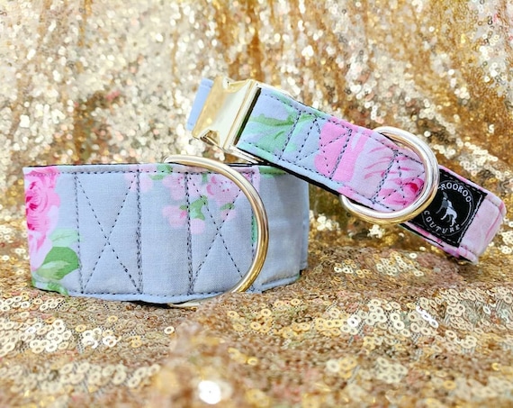 Peonies Floral Girly Dog Collar: Martingale or Buckle style available; Pink and Grey; brass hardware; black satin lined; adjustable lengths