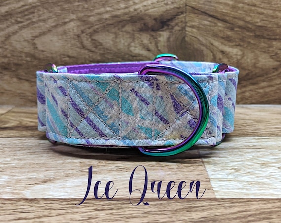 Ice Queen winter martingale dog collar: neochrome hardware, purple satin lined