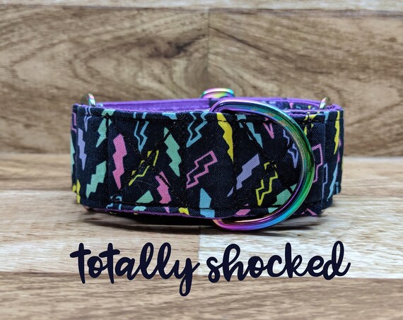 Neo chrome lightning bolt martingale dog collar; multi / rainbow chrome hardware; purple satin lined