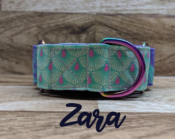 Neo chrome purple and teal martingale collar; multi / rainbow chrome hardware