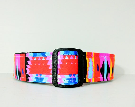 Southwest Style Dog Collar: Martingale or Buckle Style available. Pink, orange, red, bold geometric pattern.