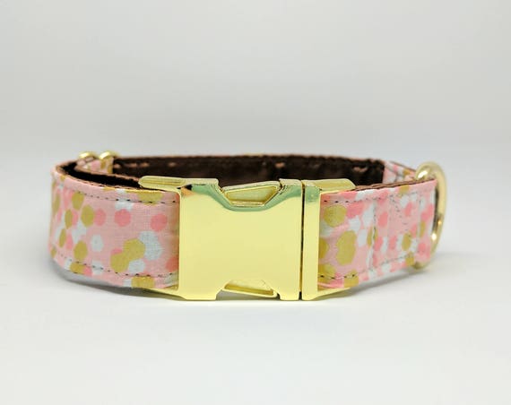 Pink and gold polka dot buckle Dog Collar: BRASS Hardware, satin lining