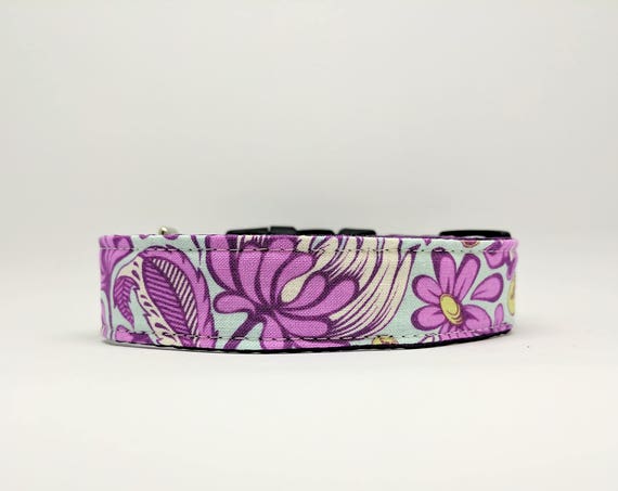 Purple and Teal Floral Dog Collar: Side release buckle collar, purple satin lined, adjustable, flower print