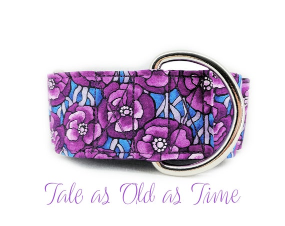 Martingale Dog collar: Purple flower print; girly design; satin lined; silver hardware; adjustable length