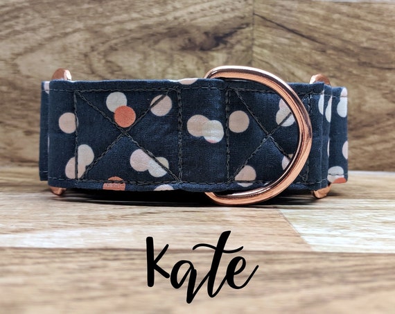 Rose Gold Polka-Dot Martingale Dog Collar; Rose Gold Hardware; Satin lined; 1", 1.5" widths available