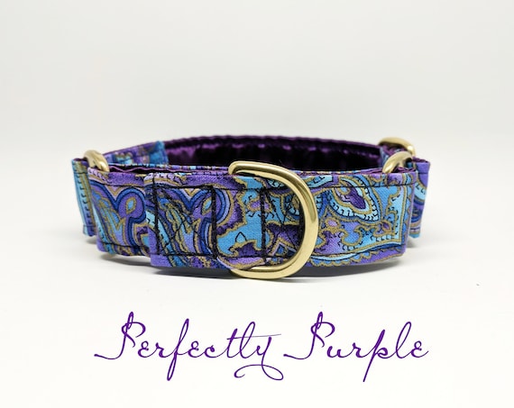 Martingale or Buckle Dog Collar: Purple and Blue Paisley; Brass hardware; satin lined; adjustable sizes; 1", 1.5", or 2" widths available