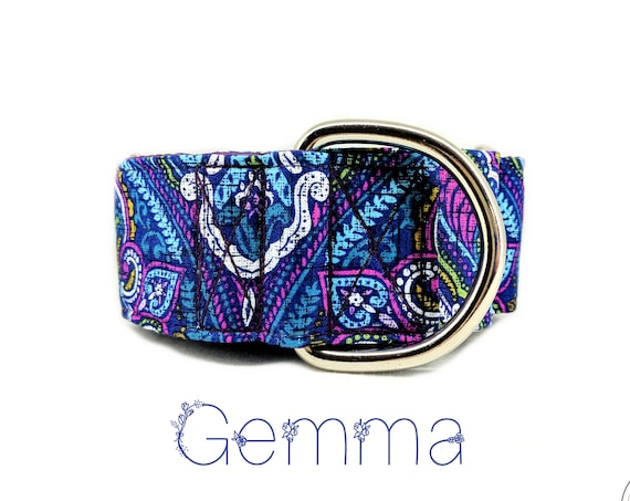 Colourful Damask Martingale Dog Collar: Jewel toned purple and blues; Silver Hardware; 1", 1.5", 2" widths available; adjustable lengths