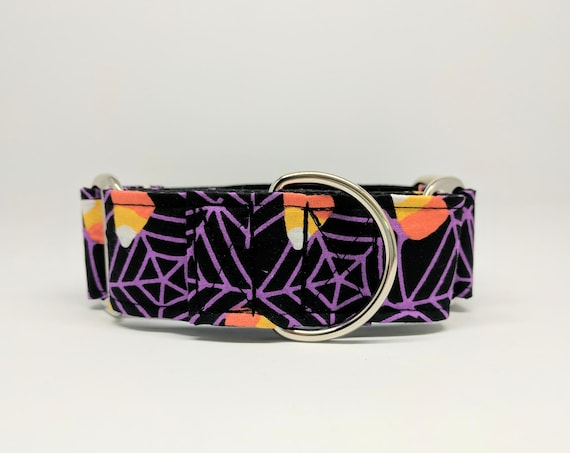 Halloween Martingale Dog Collar: Spider Webs and Candy Corn, Adjustable and black satin lined