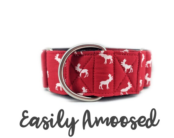 Red Moose Martingale Dog Collar; Satin lined; 1", 1.5", 2" widths available; adjustable lengths; Canada themed; made to order