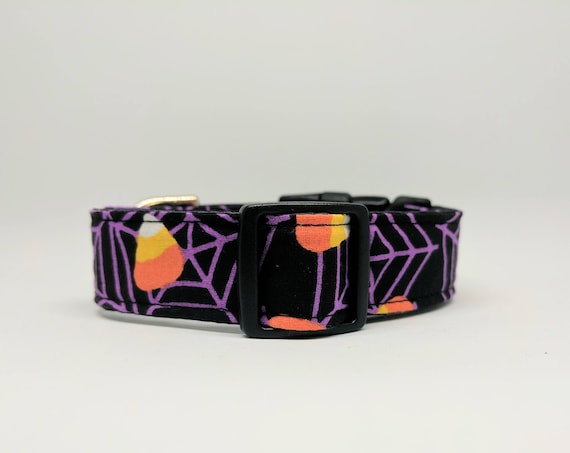 Halloween Dog Collar: Spider Webs and Candy Corn, Adjustable and black satin lined, Quick release buckle style