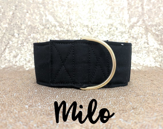 Black and Brass Martingale Dog Collar: Brass Hardware; Black satin lined; 1", 1.5", 2" widths available; Classic Collar; Adjustable lengths