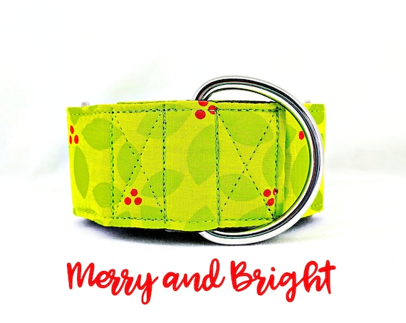 Green Holly Martingale Collar: Bright Holiday, Christmas, Winter Pattern; 1",1.5",2" widths; adjustable sizing; satin lined; Silver Hardware