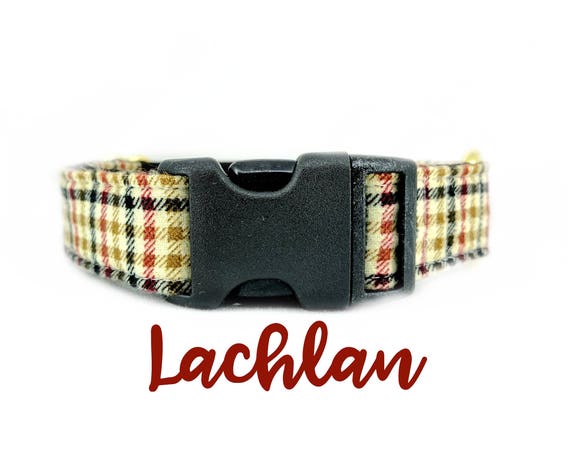 Beige Fall Plaid Dog Collar: Brass Hardware; Burberry style print; satin lined; 1",1.5",2" widths available. Adjustable lengths