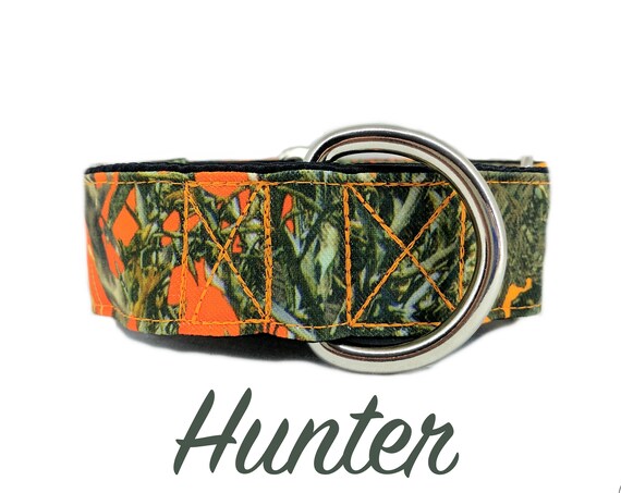Orange Camouflage Martingale Dog Collar: Canvas True Timber print; 1", 1.5", 2" widths available; adjustable length; satin lined