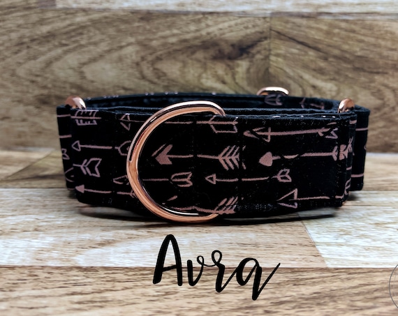 Rose Gold Arrow Martingale Dog Collar; Rose Gold Hardware; Satin lined; 1" and 1.5" width martingales available
